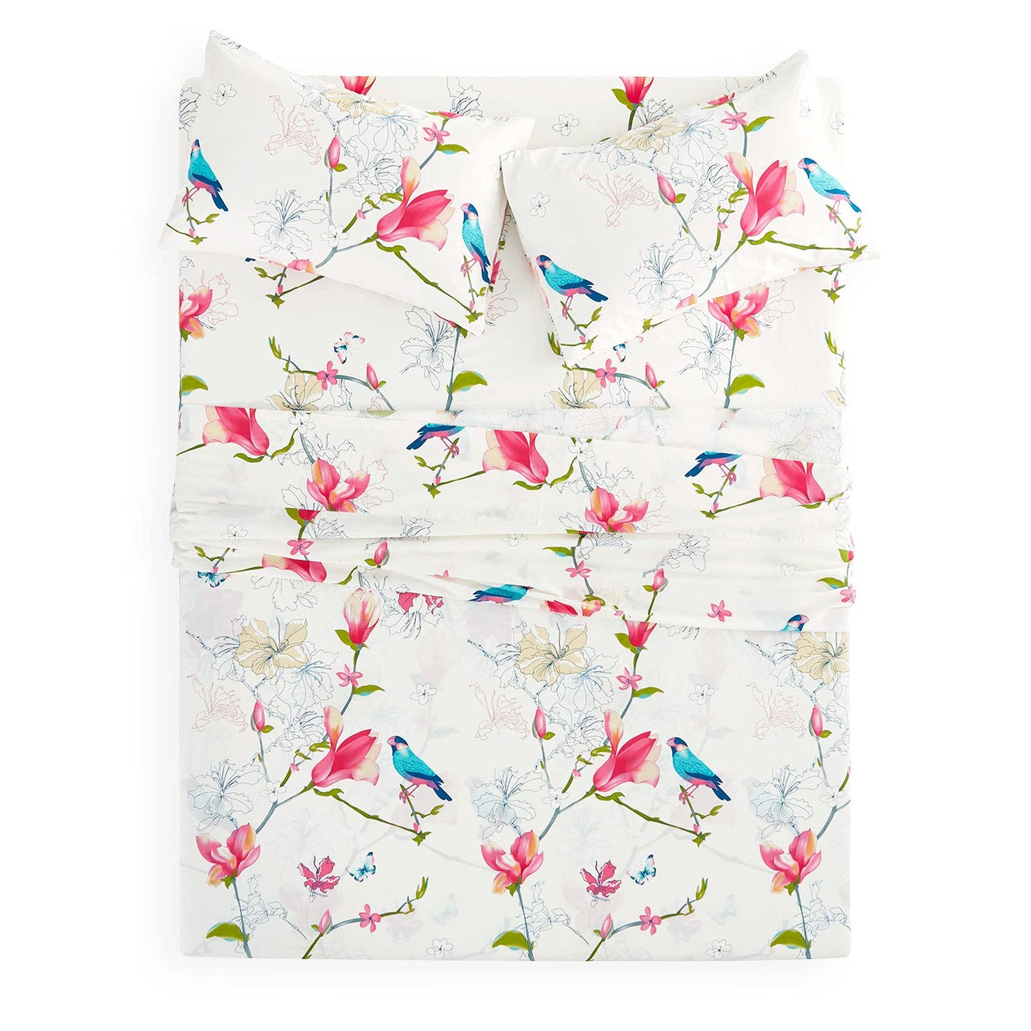 Wake In Cloud - Floral Bed Sheets, 100% Cotton, 4-Piece Sheet Set, Bird Patterned Printed Botanical Boho Flower Aesthetic Bedding, Deep Pocket, Pink Beige, King Size