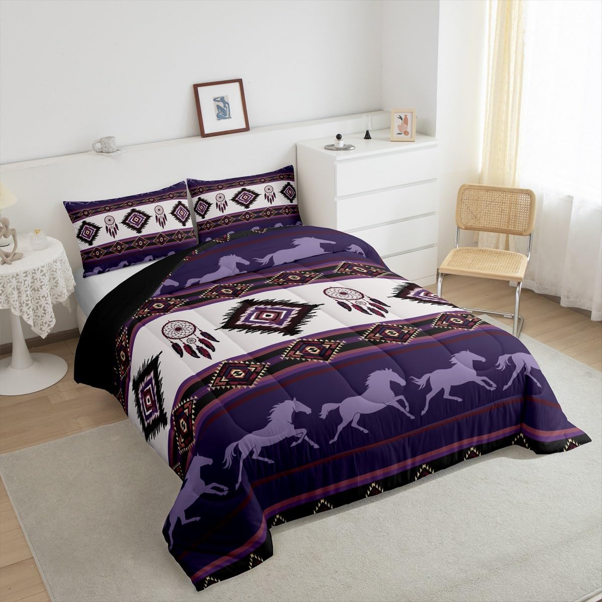 Castle Fairy Boho Aztec Kids Comforter Set Twin Size,Southwest Native Tribal Exotic Reversible Bedding Sets for Teens Bedroom Decor,American Ethnic Purple Horse Quilted Duvet,1 Pillowcase