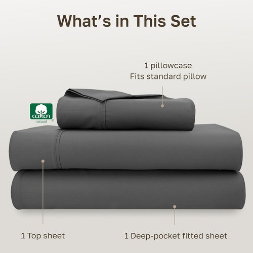 California Design Den Twin Sheet Set - 100% Cotton, 400 Thread Count, Silky Smooth Sateen Weave - Grey