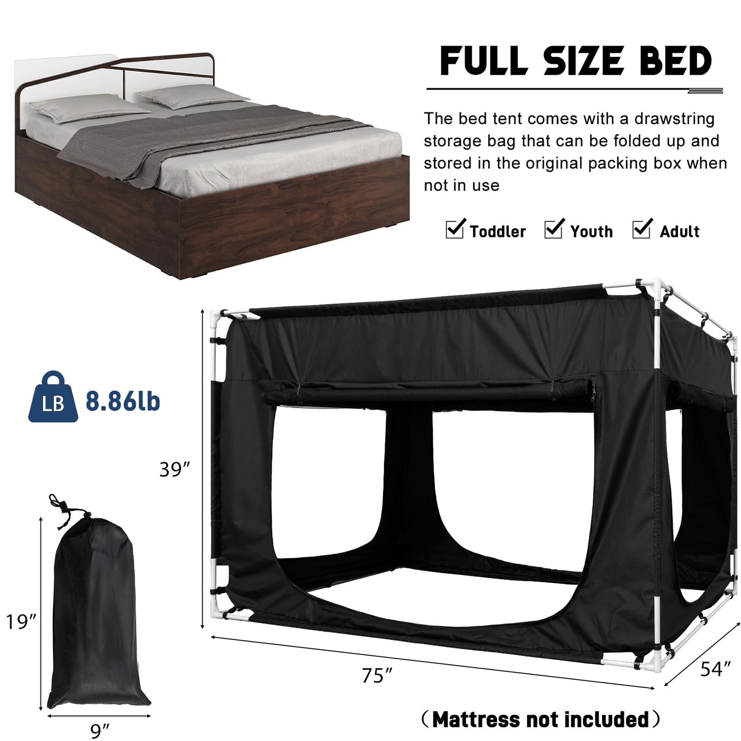 Quinnsus Bed Tent Bed Canopy Full Size Tents for Adult and Kids - Portable Sleeping Bed Tents 80% Blackout with 4 Doors Breathable Private Space Tents(Mattress Not Included)