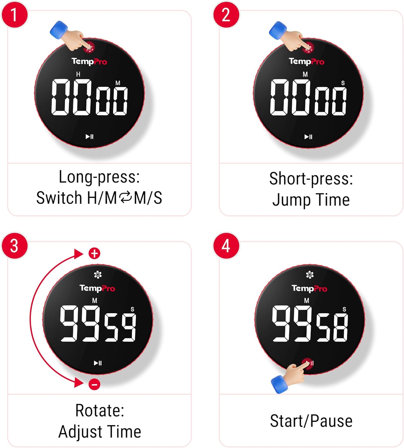 TempPro Digital Kitchen Timer - 99-Hour Countdown with Strong Magnet & Large LED Display | 3 Volume Levels