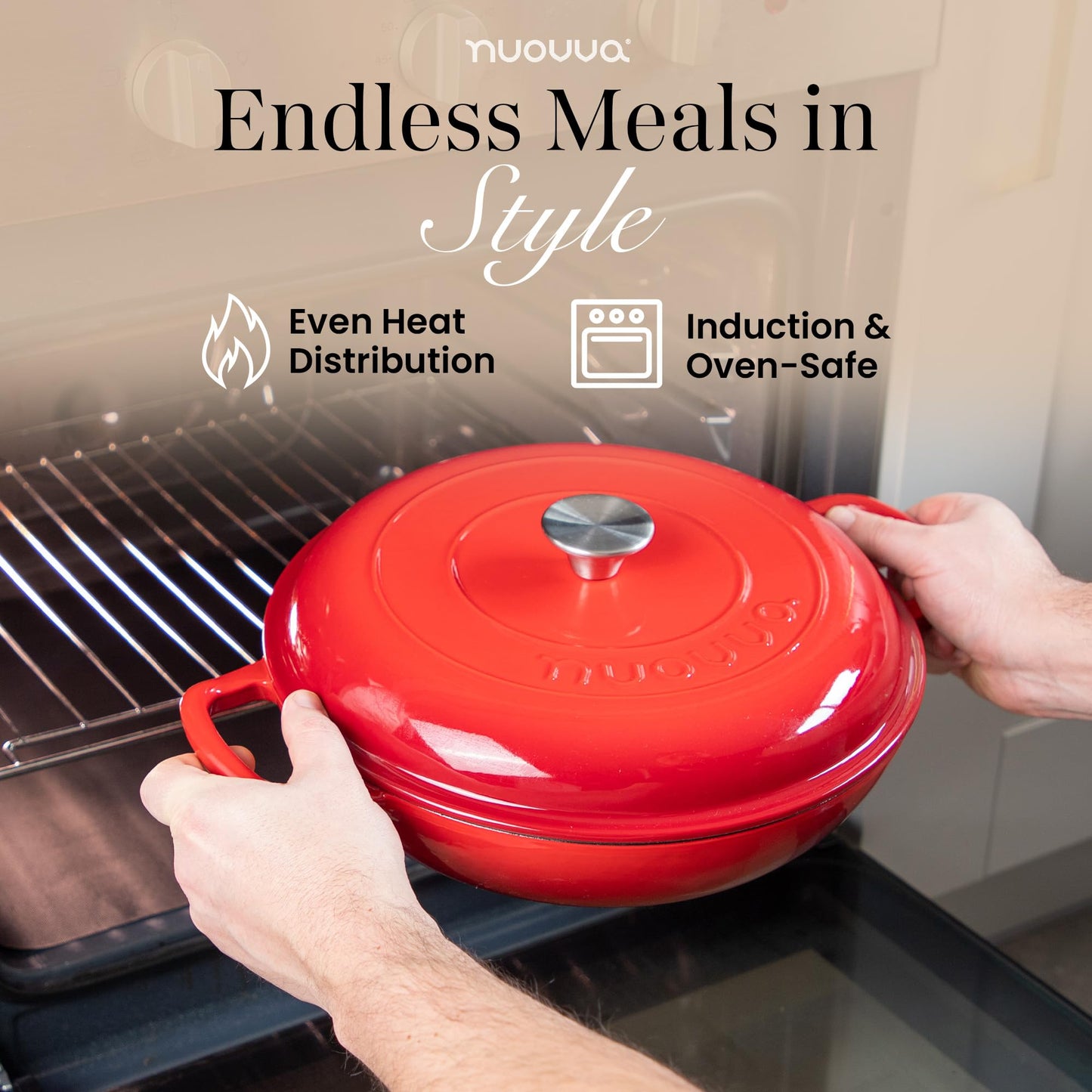 Shallow Cast Iron Casserole with Lid – Non Stick Dutch Oven Pot, Oven Safe up to 500° F – Sturdy Ovenproof Stockpot Cookware – Enamelled Cooking Pot – Red, 5-Quart, 32cm – by Nuovva