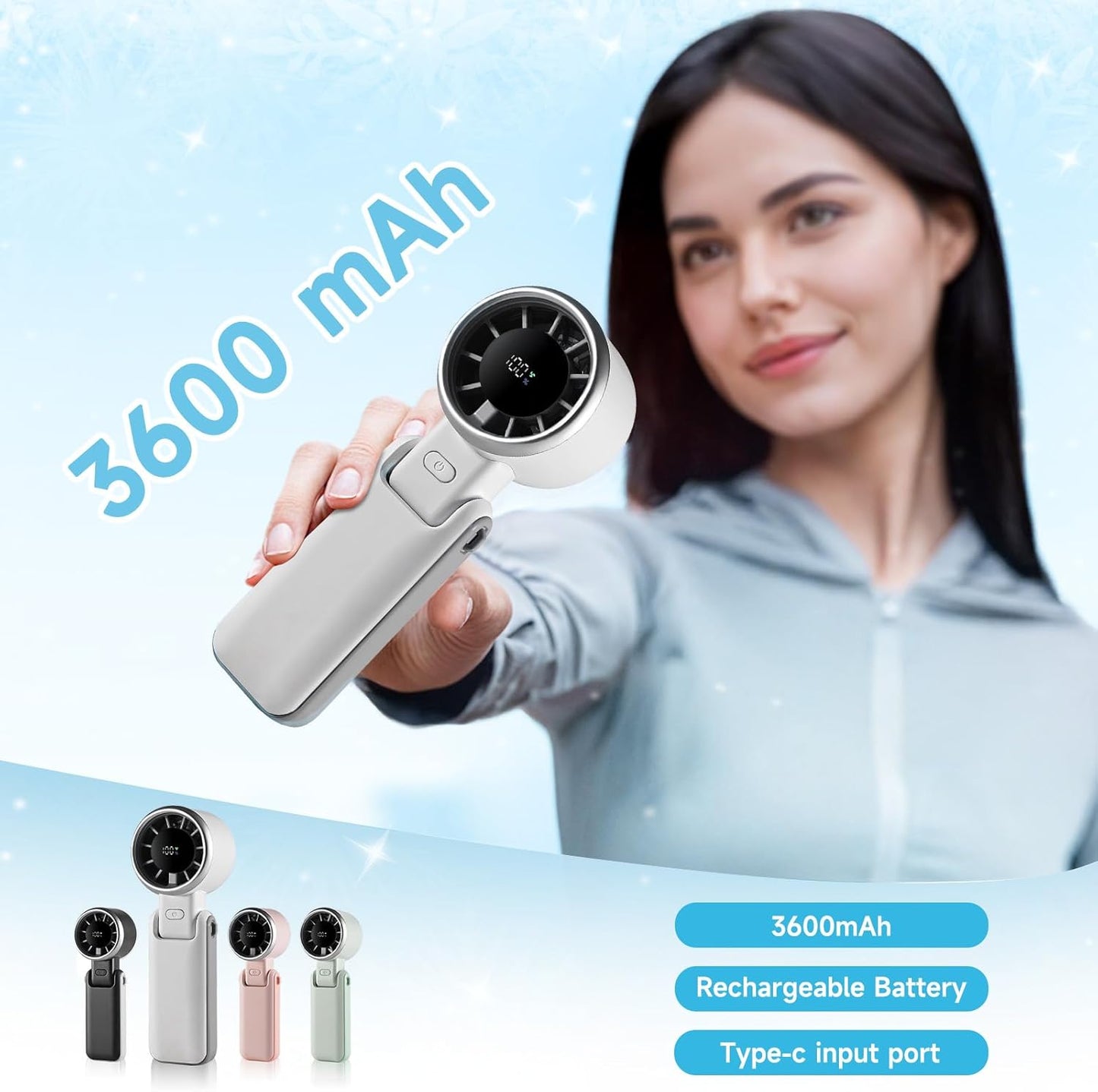 Skiennix Portable Handheld Turbo Fan - 180° Folding Design, 5 Adjustable Speeds, USB Rechargeable | Ideal for Travel & Summer Gifts (White)