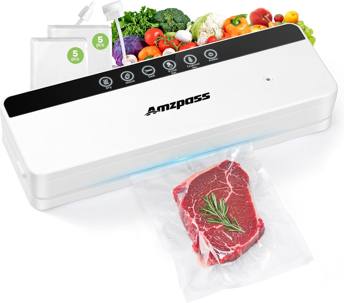 Skiennix Vacuum Sealer - 6-in-1 Food Preservation Machine with 80kPa Suction Power | Compact Design, 10 Bags Included, White