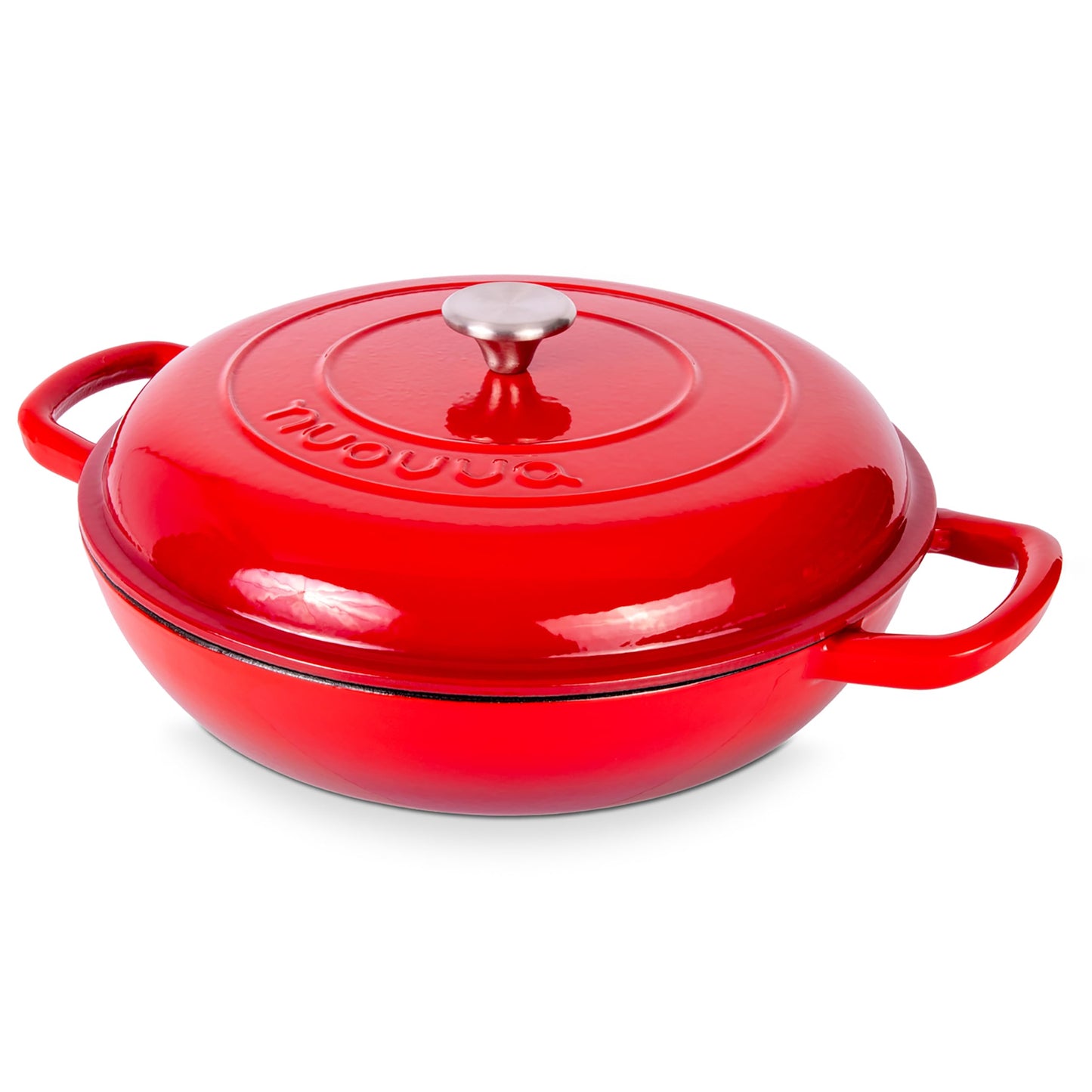Shallow Cast Iron Casserole with Lid – Non Stick Dutch Oven Pot, Oven Safe up to 500° F – Sturdy Ovenproof Stockpot Cookware – Enamelled Cooking Pot – Red, 5-Quart, 32cm – by Nuovva