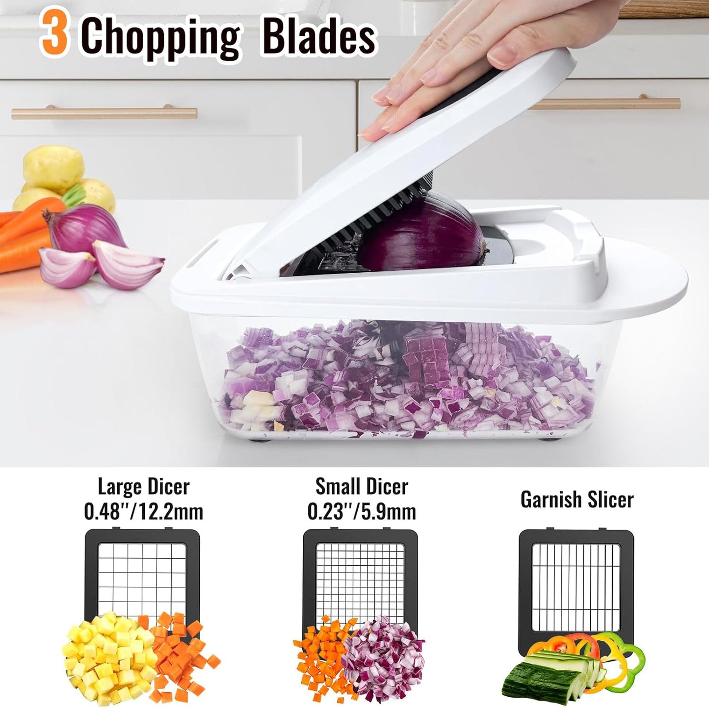 Skiennix 8-Blade Vegetable Chopper - All-in-One Mandoline Slicer with Container | White Kitchen Gadget