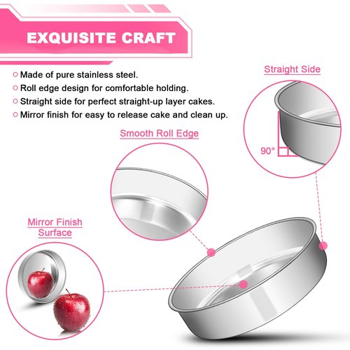 EWFEN 8 Inch Cake Pan Set of 2, Stainless Steel Round Layer Cake Baking Pans Tins, Non-Toxic & Healthy, Leak-proof & Easy Clean & Dishwasher Safe