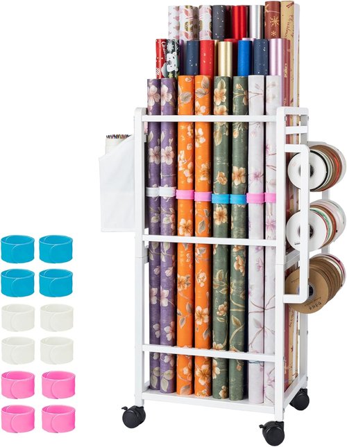 Aquzee Gift Wrapping Paper Organizer - Vertical Storage Cart with Adjustable Rod & Ribbon Holders - White