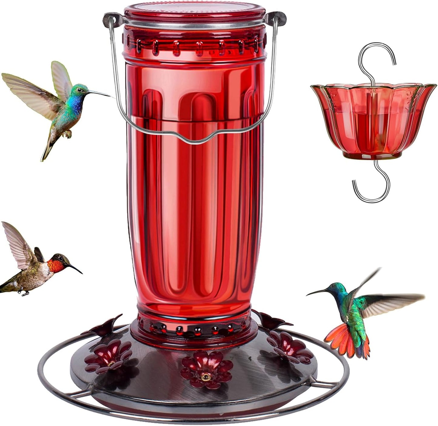 Kingsyard Glass Hummingbird Feeder - 6 Feeding Ports with Ant Moat | Red Outdoor Garden Decor