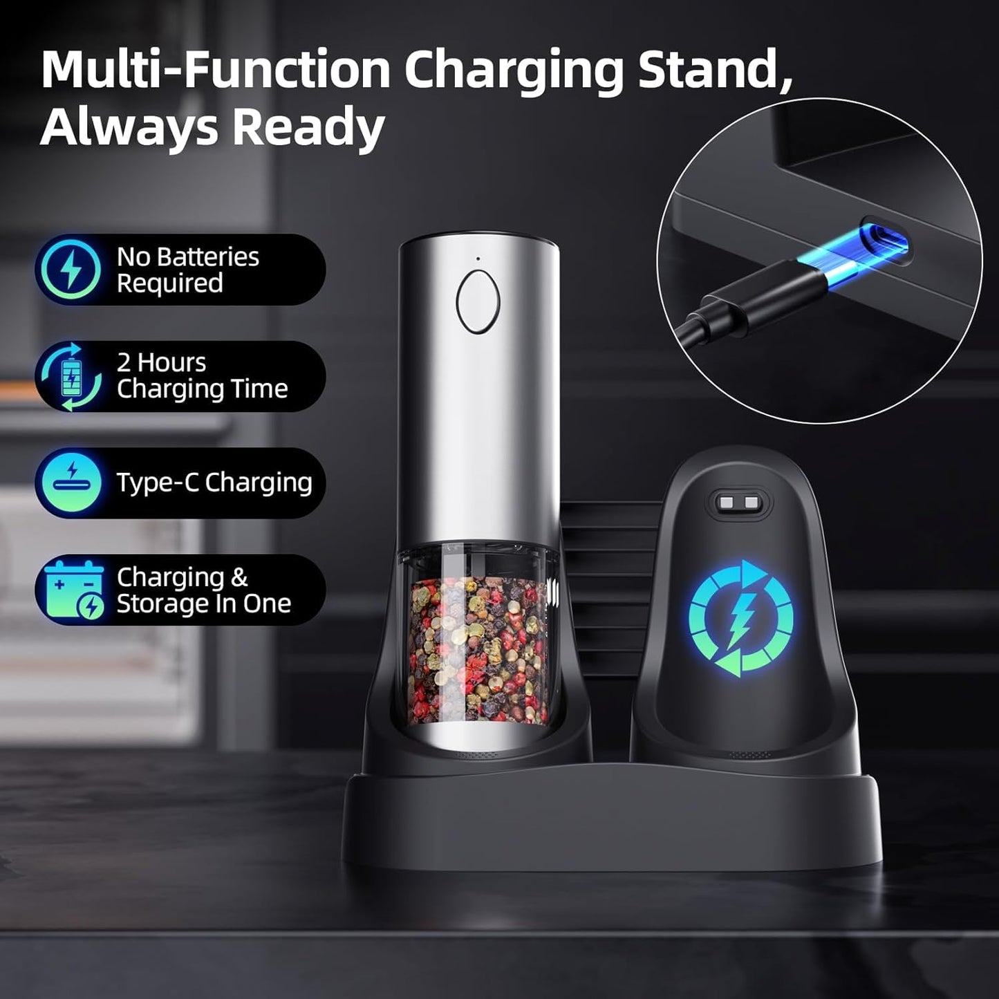 Skiennix Electric Salt and Pepper Grinder Set - Rechargeable Stainless Steel Mills with LED Light & Adjustable Coarseness