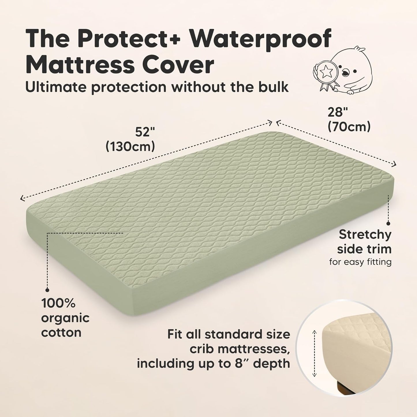 Skiennix Waterproof Crib Mattress Protector Cover - Soft Quilted Cotton Pad, 52" x 28", Machine Washable, 2-Pack
