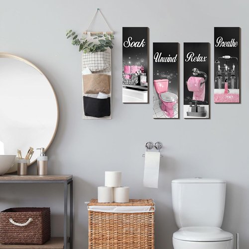 Honoson Bathroom Wall Art Decor - 4 Pcs Farmhouse Signs for Soaking, Unwinding & Relaxing | Black & Pink