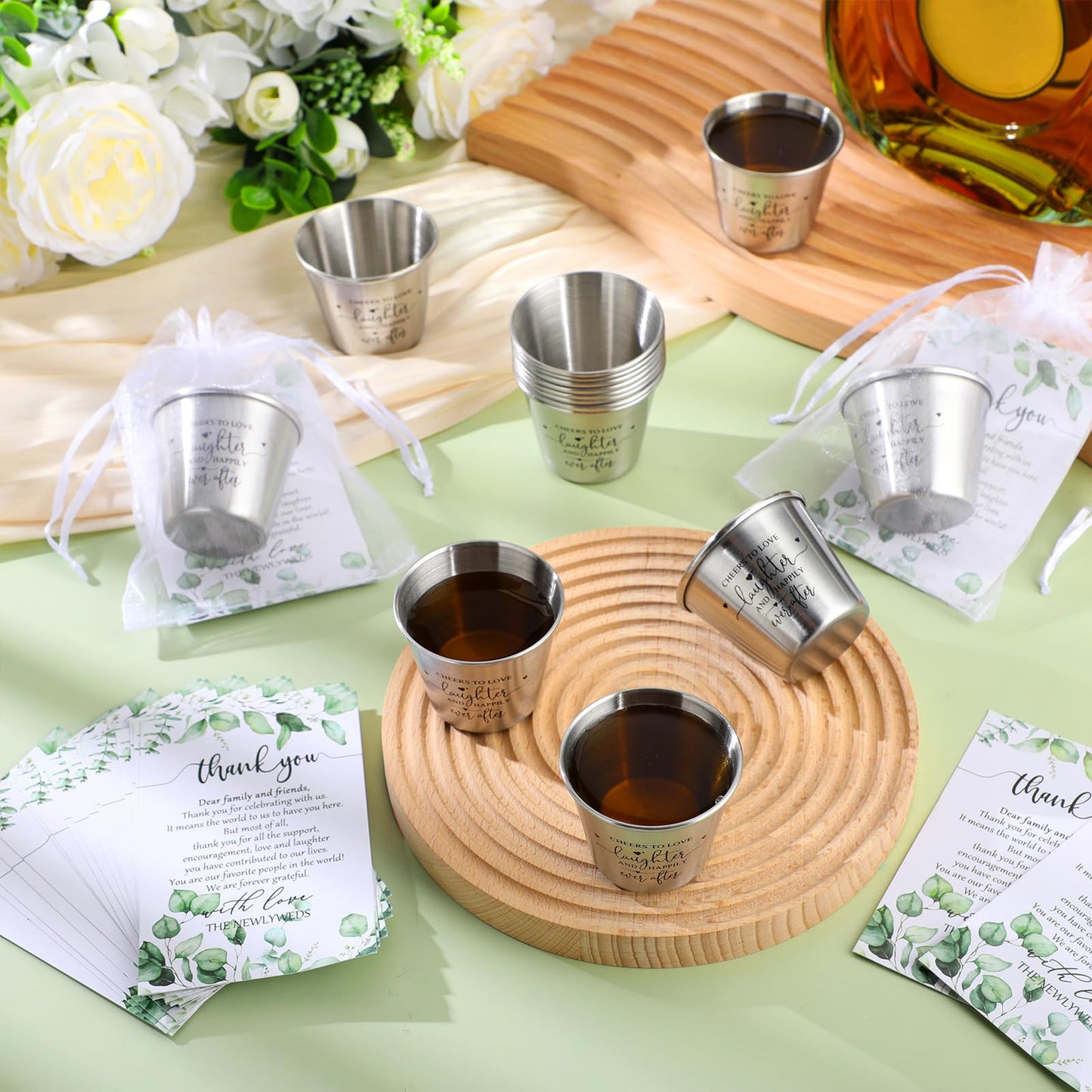 Uiifan Wedding Favors for Guests 1.5 oz Shot Glasses Thank You Cards with Gift Bags for Engagement Bridal Shower Wedding Souvenirs, Cheers to Love Laughter and Happily Ever After(100 Set)