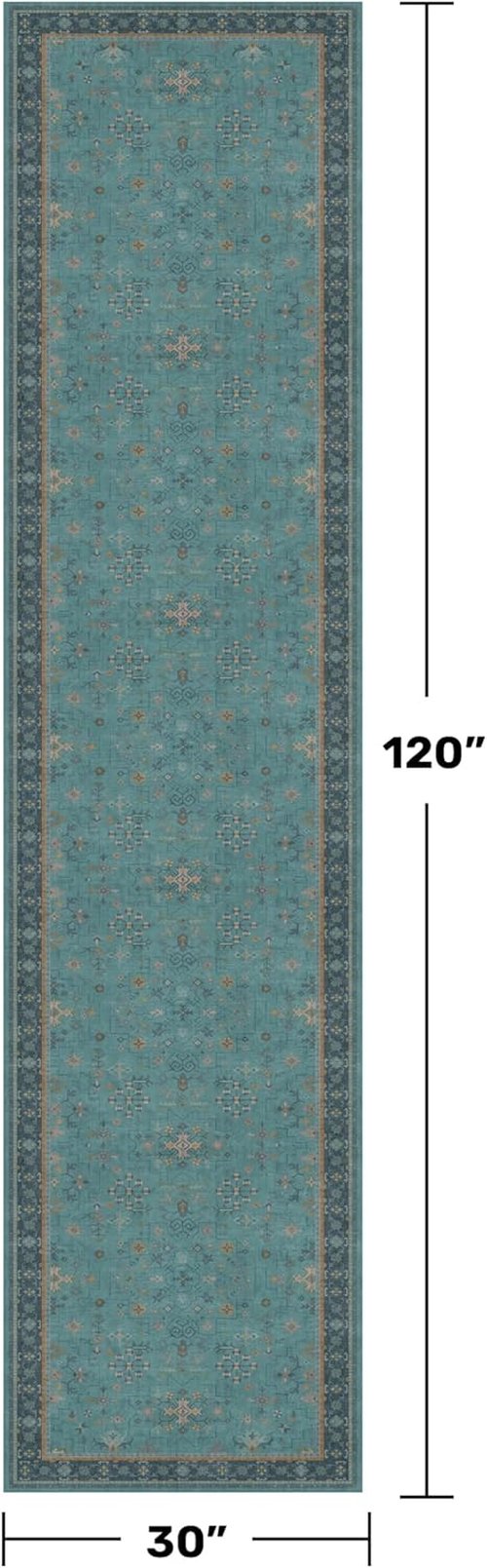 Boho Hallway Runner Rug - Teal 2'6"x10' Washable Indoor Mat with Non-Slip Rubber Backing