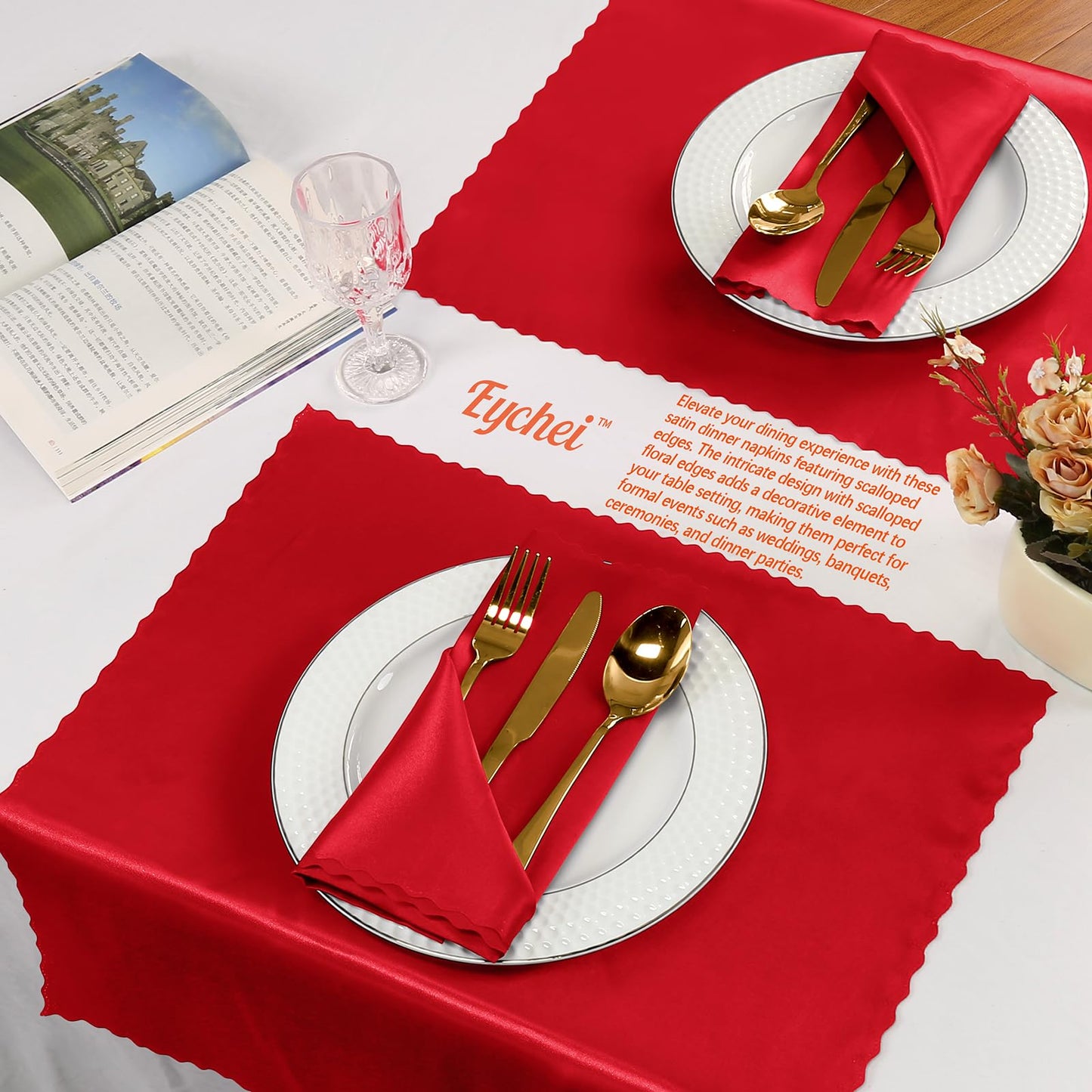 Eychei 60 Pieces Red Satin Napkins 20x20 Inches Satin Cloth Napkins, Square Satin Napkins with Scalloped Edges, Elegant & Silky Table Napkins for Restaurant Banquet Wedding