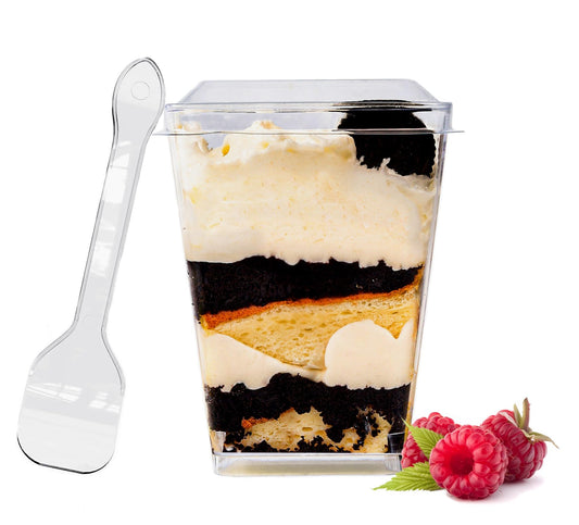 YunKo 5oz Dessert Cups with Flat Lids and Spoons, Plastic Mini Parfait and Appetizer Cups, Great for Party, Vasos Para Postres Con Tapa 100 Pack