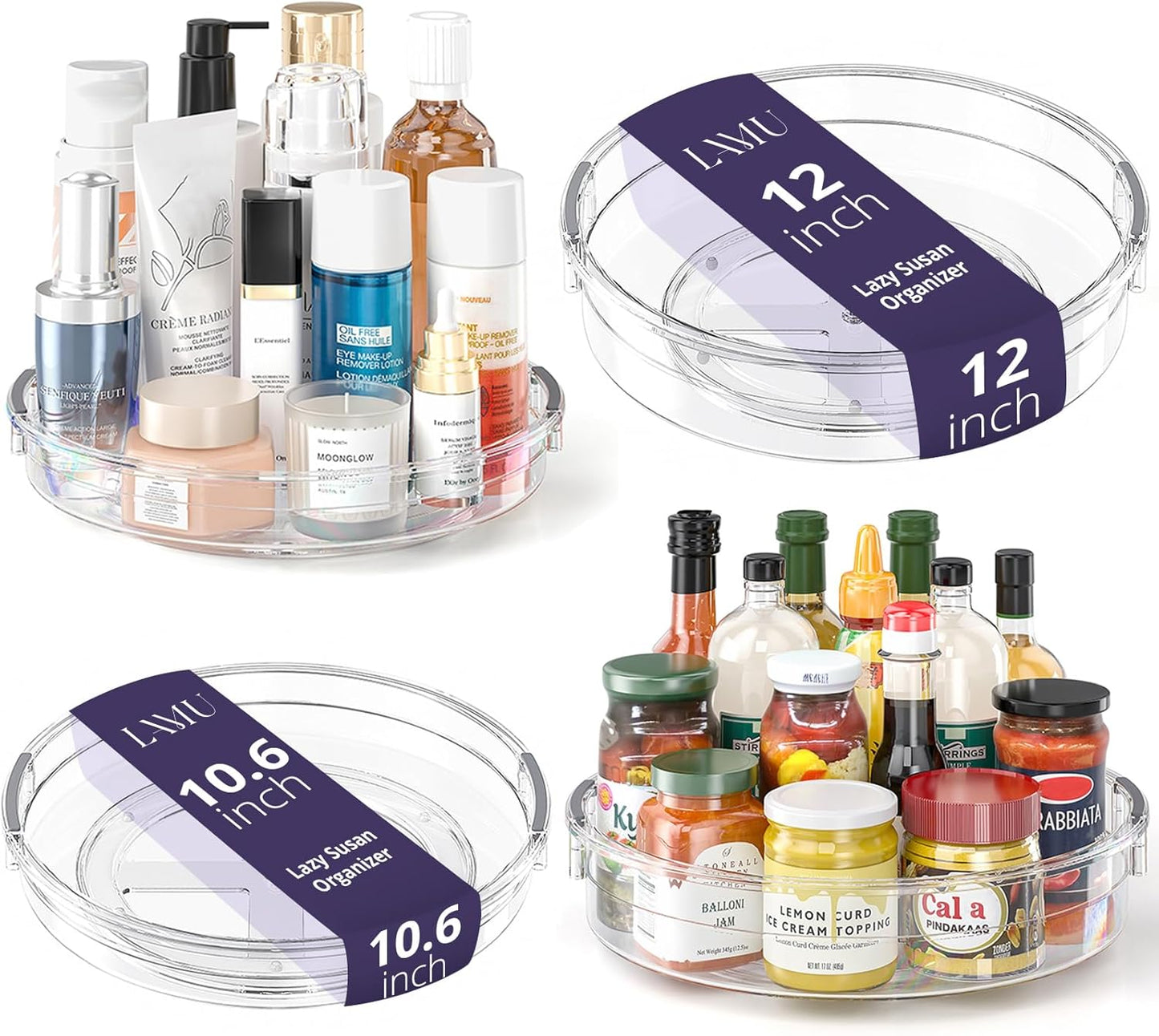 LAMU Lazy Susan Organizer Set - Clear Turntable for Kitchen, Bathroom & Pantry - 12in & 10.6in Sizes