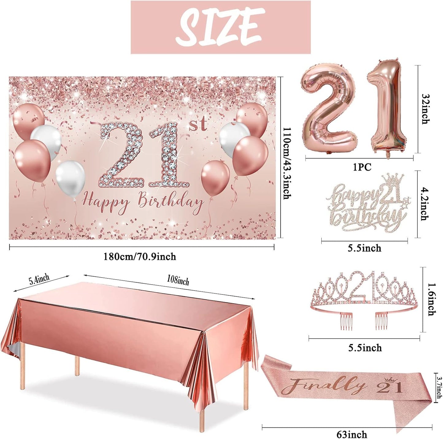 Trgowaul 21st Birthday Decorations - Rose Gold Banner, Sash, Crown & Cake Topper Set | Pink Balloons