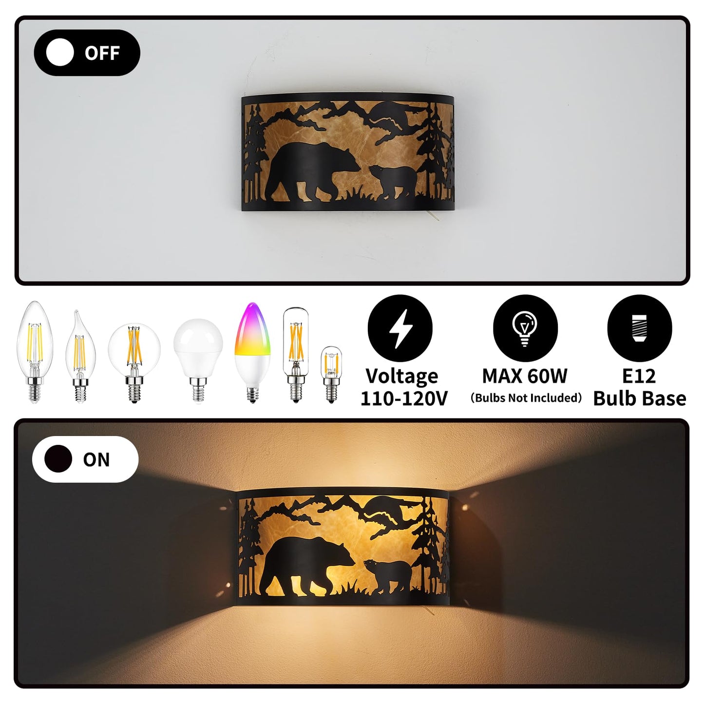 MLGB Farmhouse Bear Wall Sconces, E12 Base Rustic Industrial Wall Lights for Bedroom, Living Room, Hallway, Stairway, and Porch Lighting