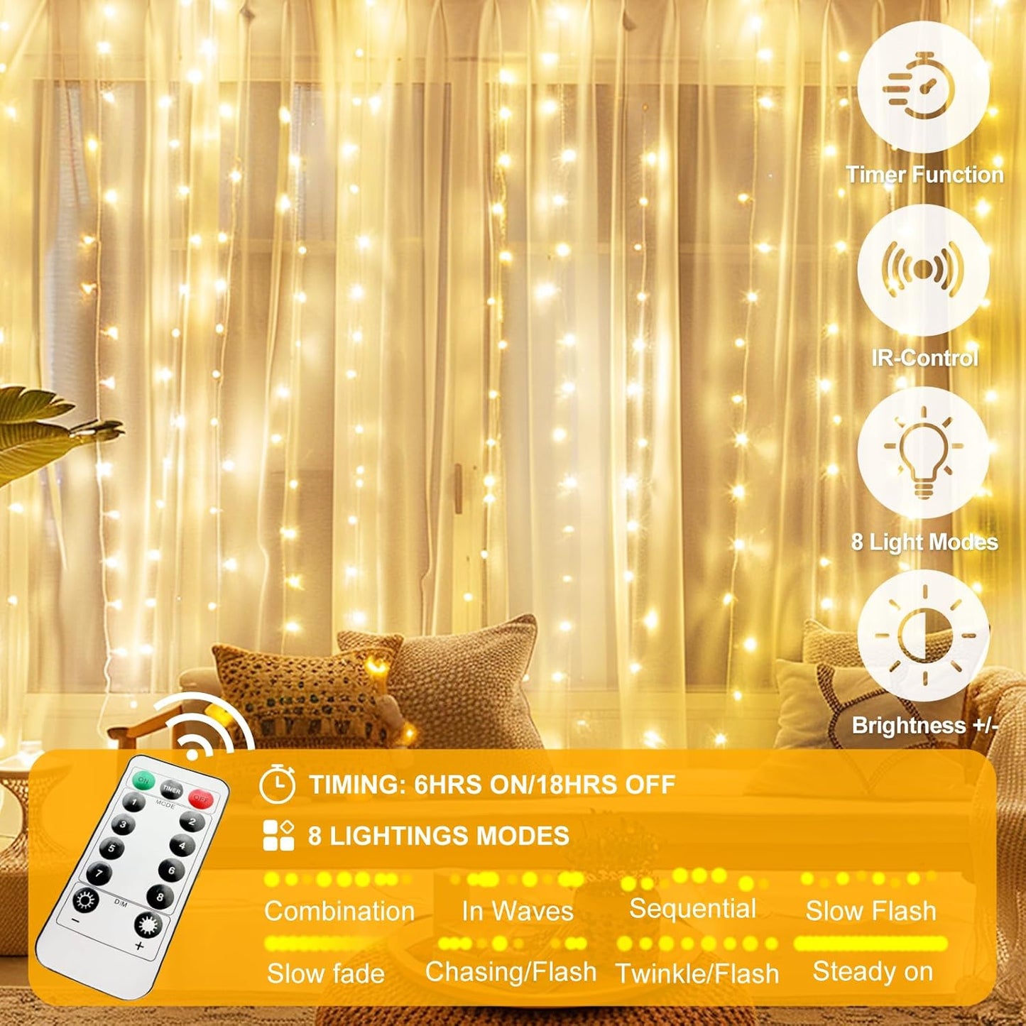 Skiennix 200 LED Fairy Curtain Lights - 6.6 x 6.6 FT Warm White with Remote & 8 Modes for Indoor/Outdoor Decor