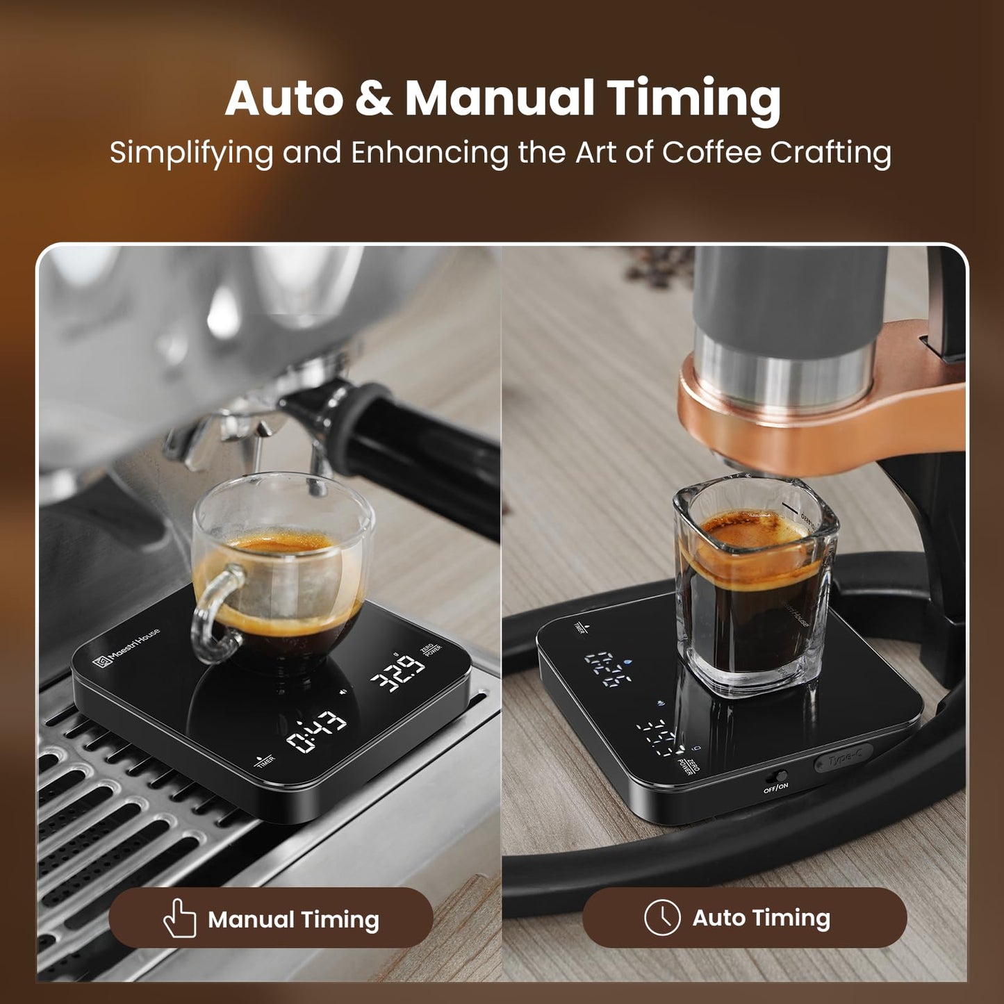 Maestri House Mini Coffee Scale with Timer, USB-C Rechargeable Espresso Scale, 2kg/0.1g Accurate Scale for Espresso and Pour-Over Coffee, Portable Digital Kitchen Scale with Auto Timer (Black)
