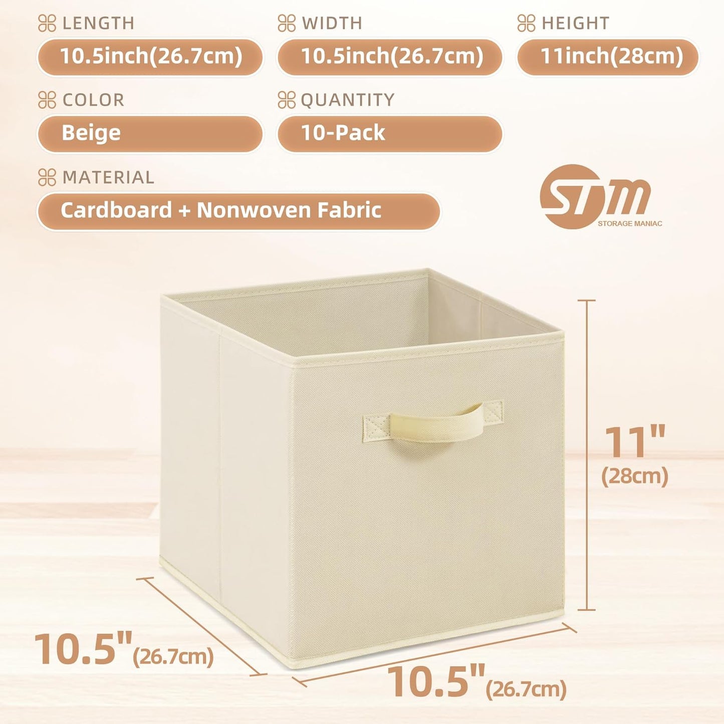 Storage Maniac Storage Cubes - 11-Inch Collapsible Bins with Handles | 10-Pack Beige Fabric Organizers