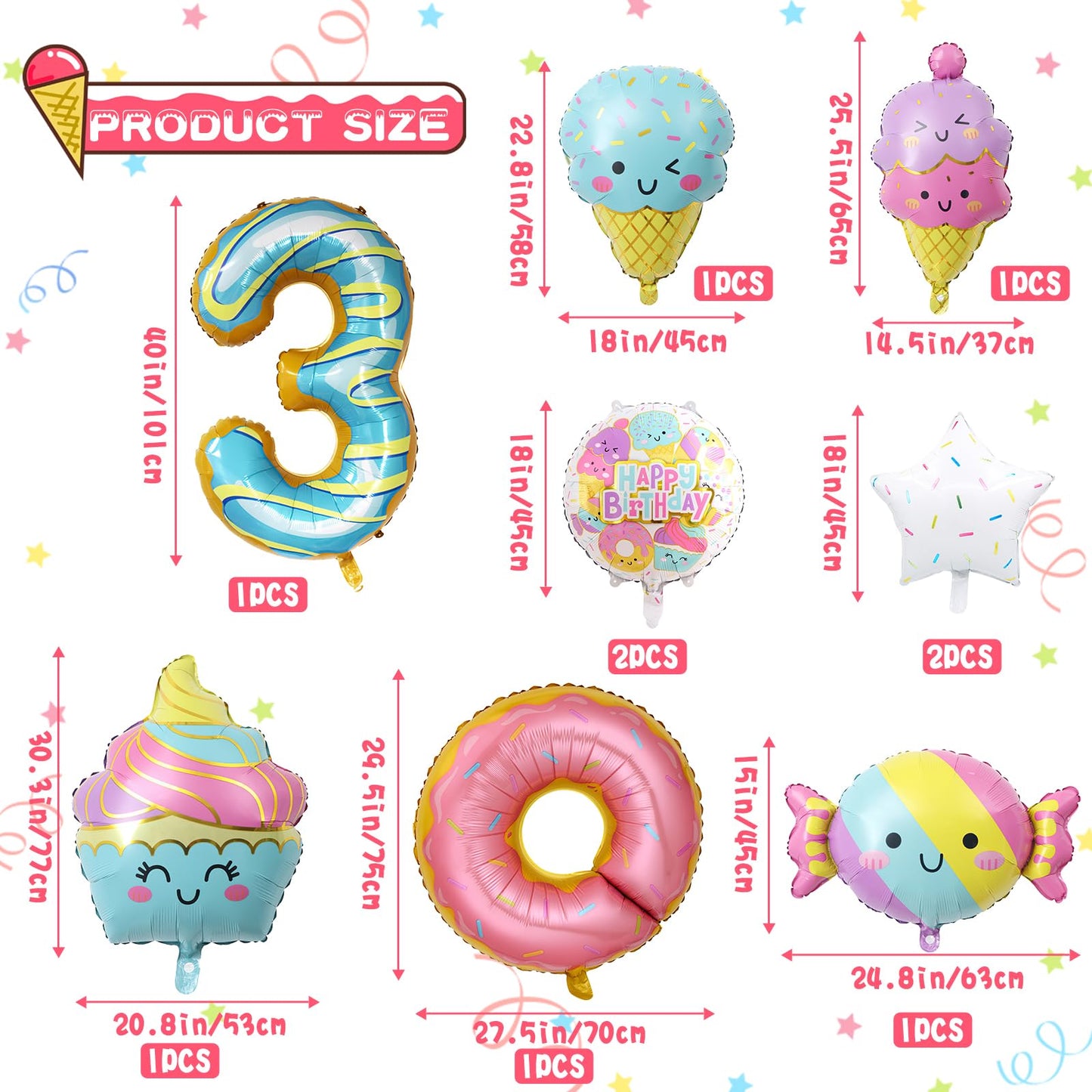 10Pcs Ice Cream Balloons, Donut Candy Birthday Number Mylar Foil Balloon Ice Cream Theme 3rd Birthday Party Supplies Decorations