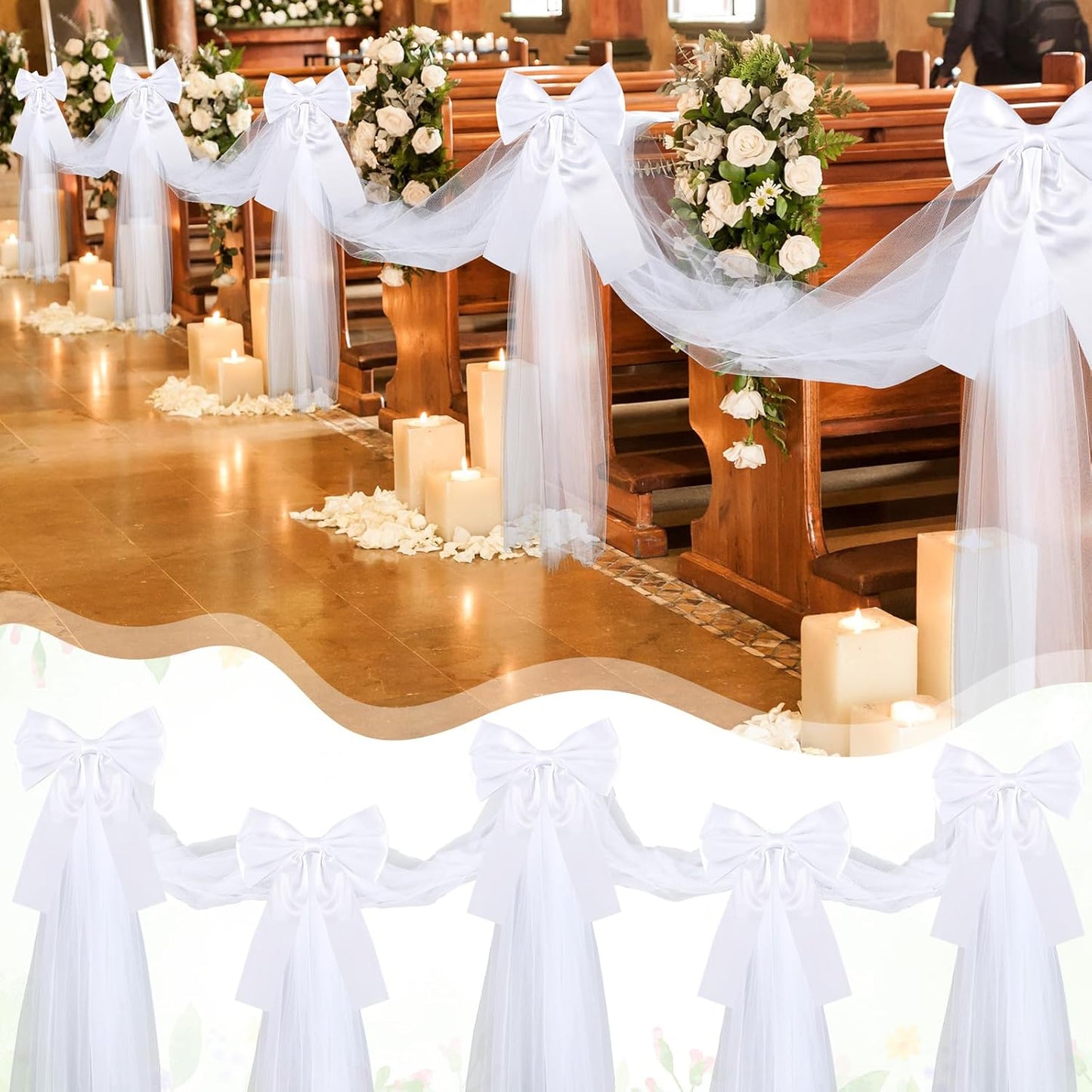 Skiennix 12 Pcs Large White Wedding Pew Bows - 15.7" x 7.9" Satin Decor with Tulle for Aisle & Events