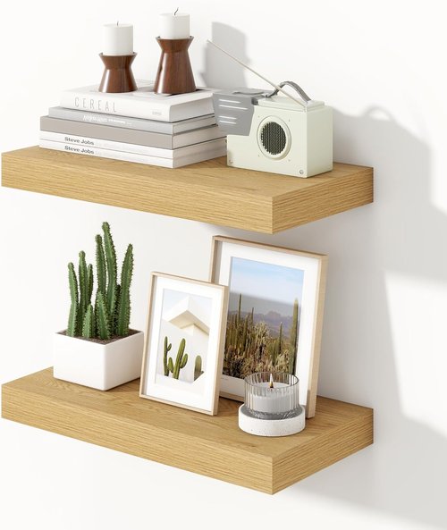 Heimlove Floating Wall Shelves - 16 Inch Oak Wood Shelves for Bathroom, Living Room & Office | Set of 2
