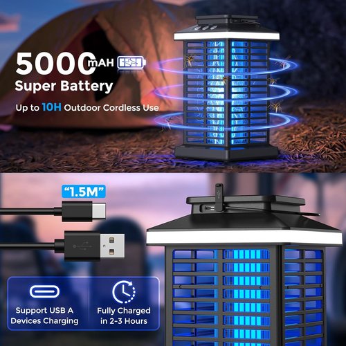 Bug Zapper | Portable 2-in-1 Mosquito Zapper with 5000mAh Battery & LED Night Light for Outdoor Use