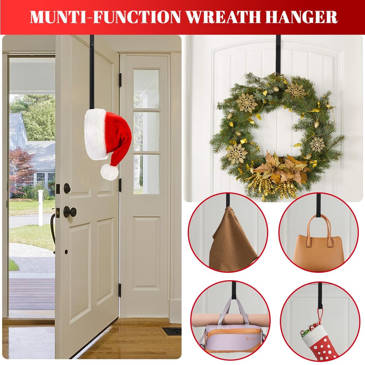 Metal Wreath Hanger for Front Door, Adjustable Wreath Hanger from 12-20", Single Hook, Heavy Duty, Holds up to 20 lbs, Over-the-Door Hook for Hanging Easter, Halloween, Fall, Christmas Decorations