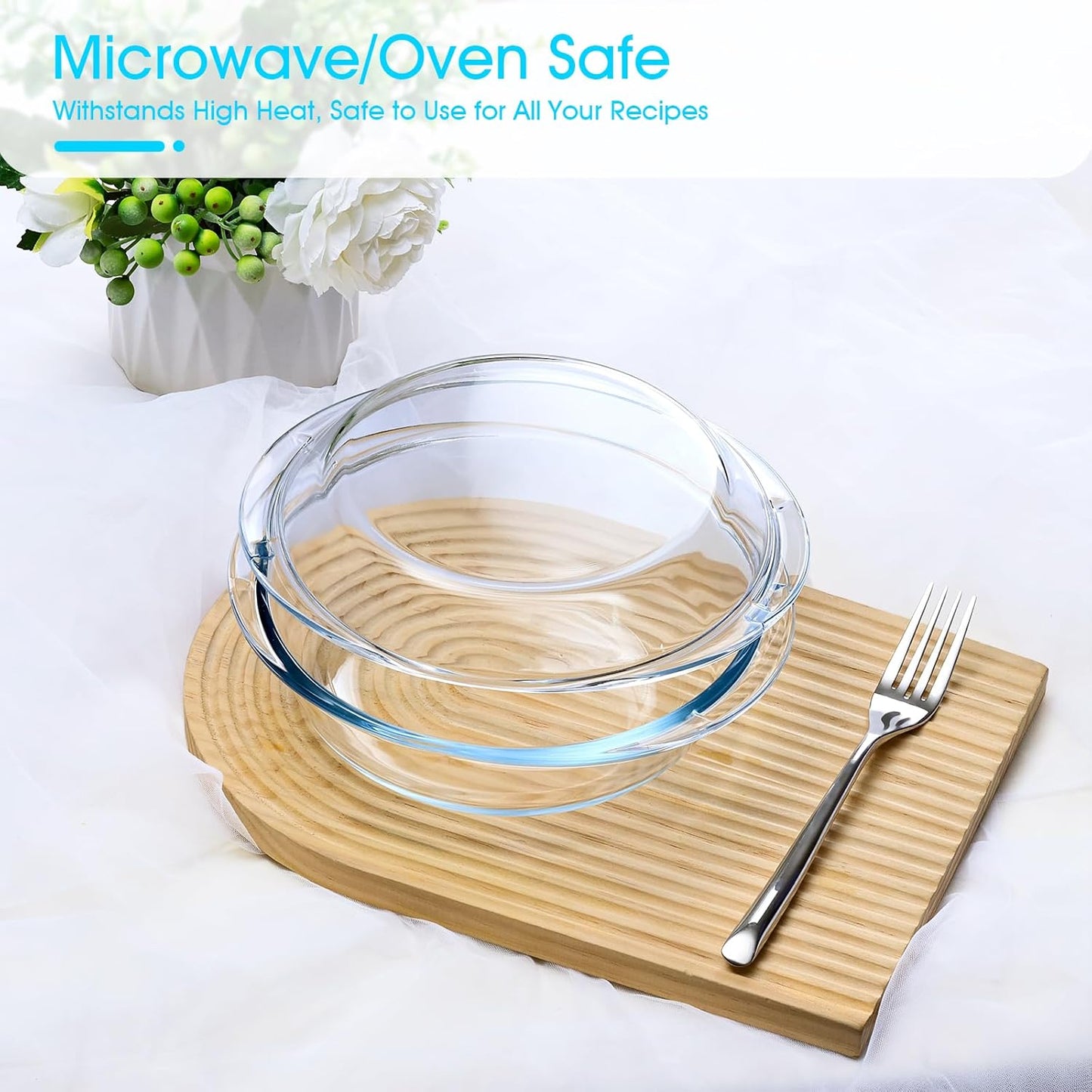 Skiennix 2-Piece Glass Casserole Dish Set - 1 Liter Round Oven Safe Bakeware with Lid & Handles
