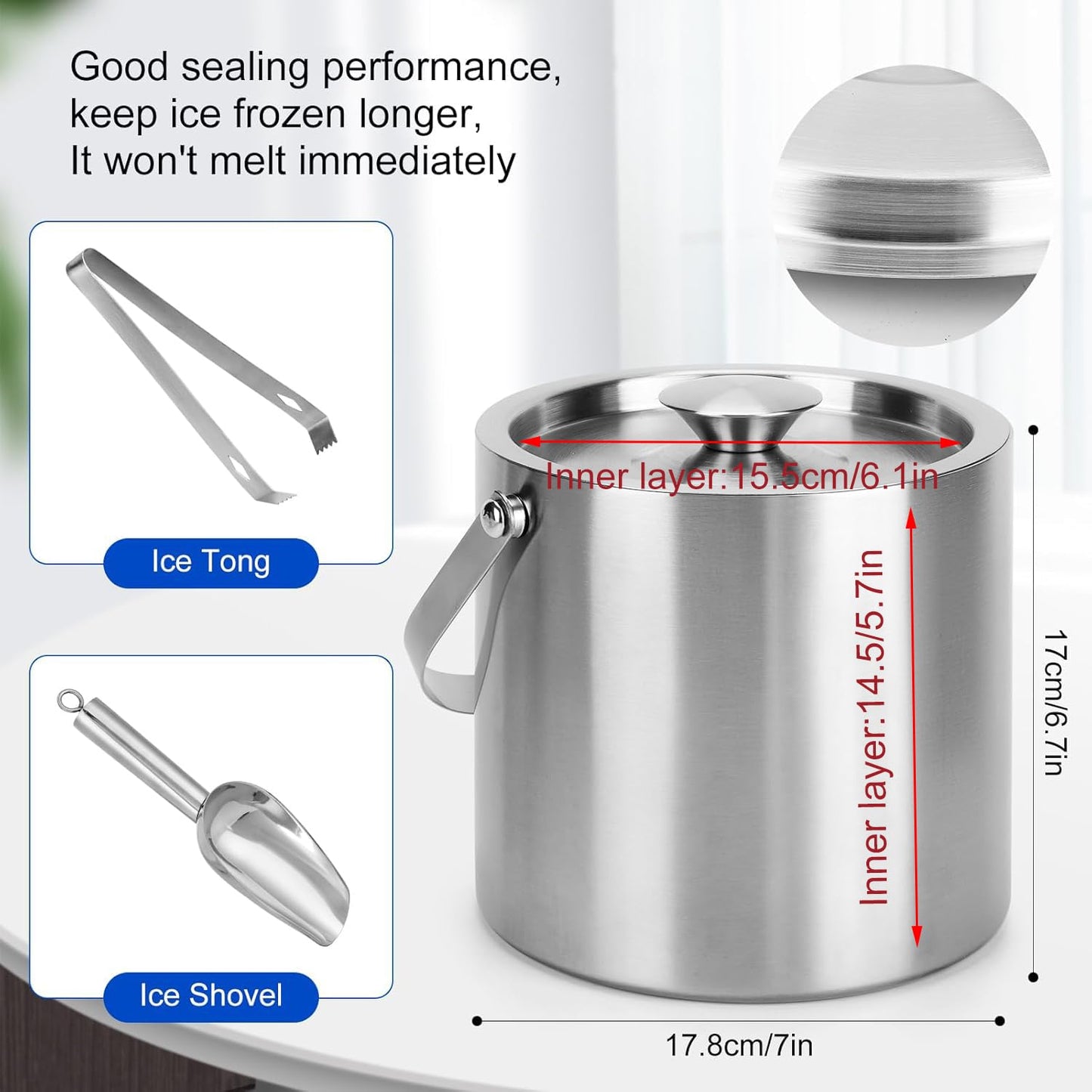 Portable Ice Buckets for Parties,3 Liter Double Wall Ice Bucket with Lid,Scoop,Tongs,Handle,Stainless Steel Ice Container to Keep Ice Frozen Longer- Ideal for Cocktail Bar,Camping,Chilling Beer/Wine