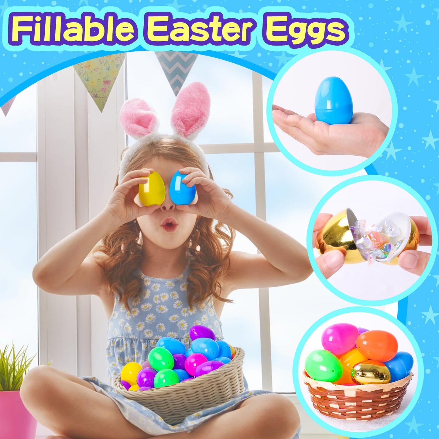 MGparty 52 Pack Easter Eggs Empty 2.3" Plastic Bright Colors Eggs with Golden Eggs for Easter Egg Hunt Party Favors Basket Stuffers Fillers