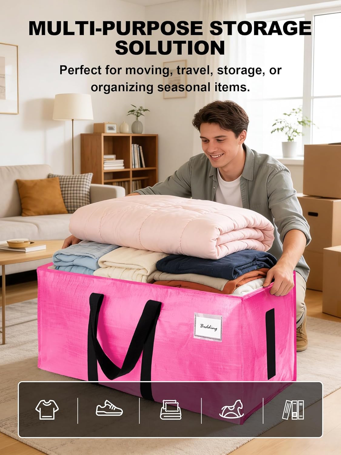 Strong Moving Bags - 12 Pack Water-Resistant Storage Totes with Zippers & Handles | Heavy Duty, Space-Saving (Pink)