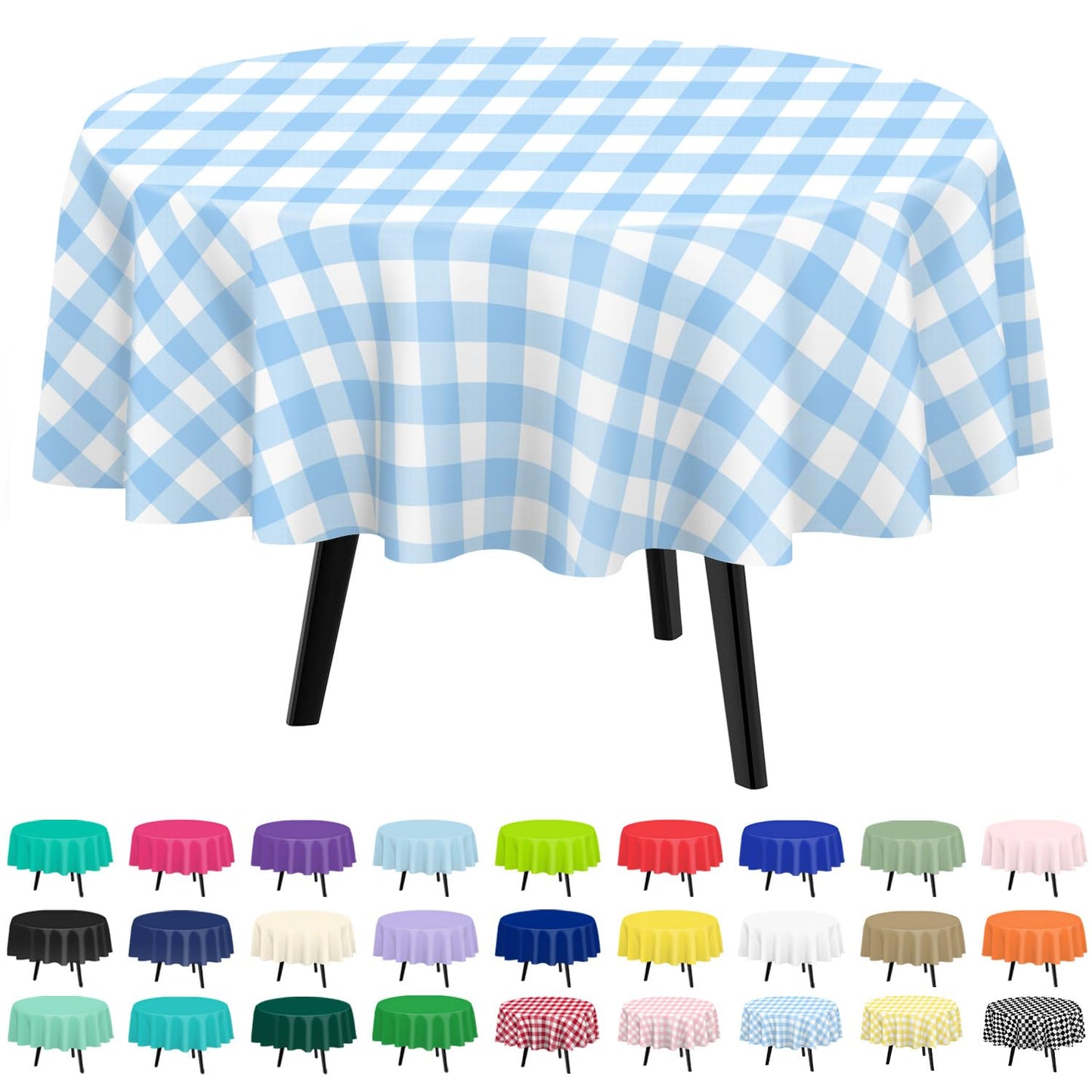 QIKSION Blue Gingham Round Tablecloth 2 Pack, 84 Inch Plastic Checkered Table Cover Disposable for Parties