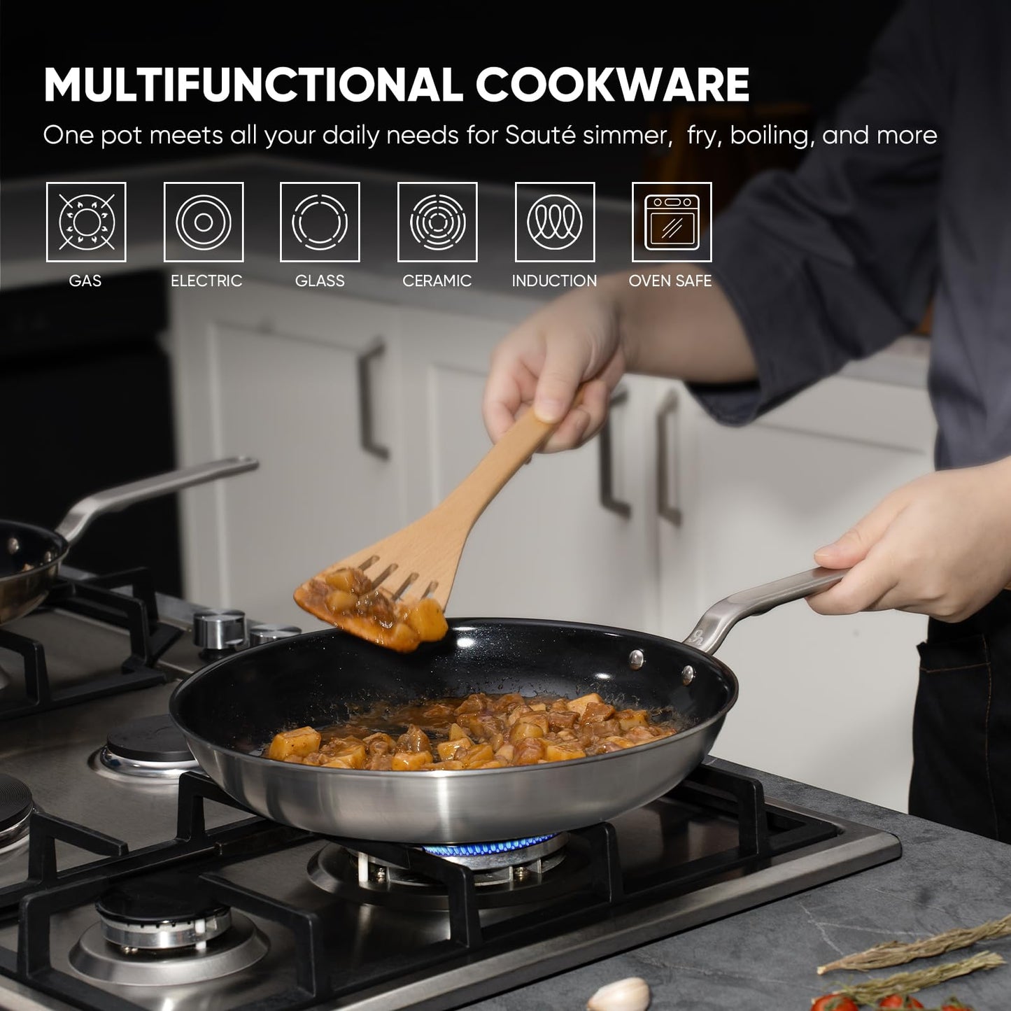GLOBEHOME 5 Ply Ceramic Non Stick Frying Pans - 10 Inch Stainless Clad Nonstick Skillet, Non Toxic, PTFE & PFOA FREE, Professional Cookware for Induction, All Stoves and Oven up to 650°F