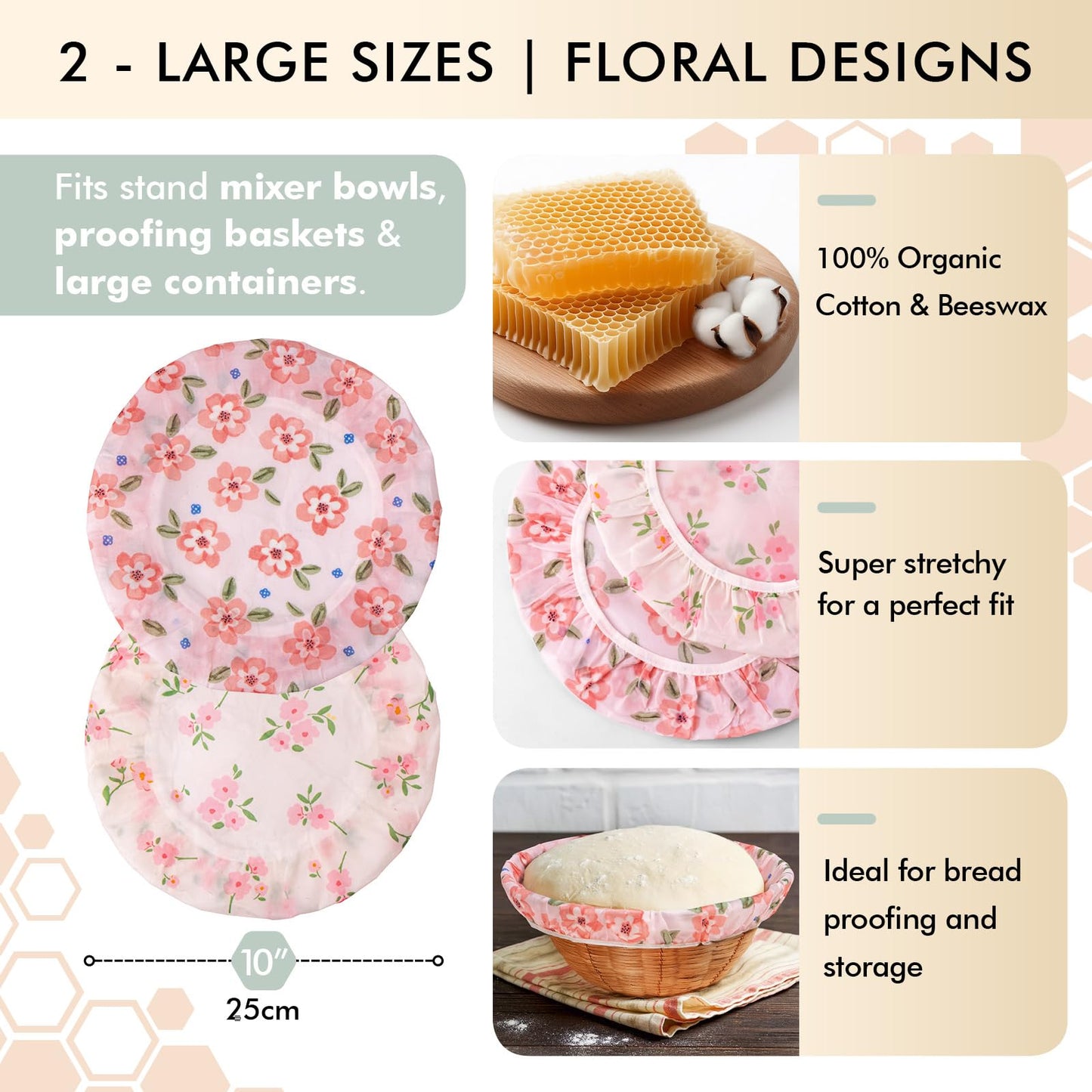 Sourdough Bowl Cover 12 Inch, Beeswax Bowl Covers for Bread Proofing, Reusable Cotton Food Covers for Mixing Bowls, Stretch Fit Covers for Dough Proofing, Kitchen Storage, 2 Pack