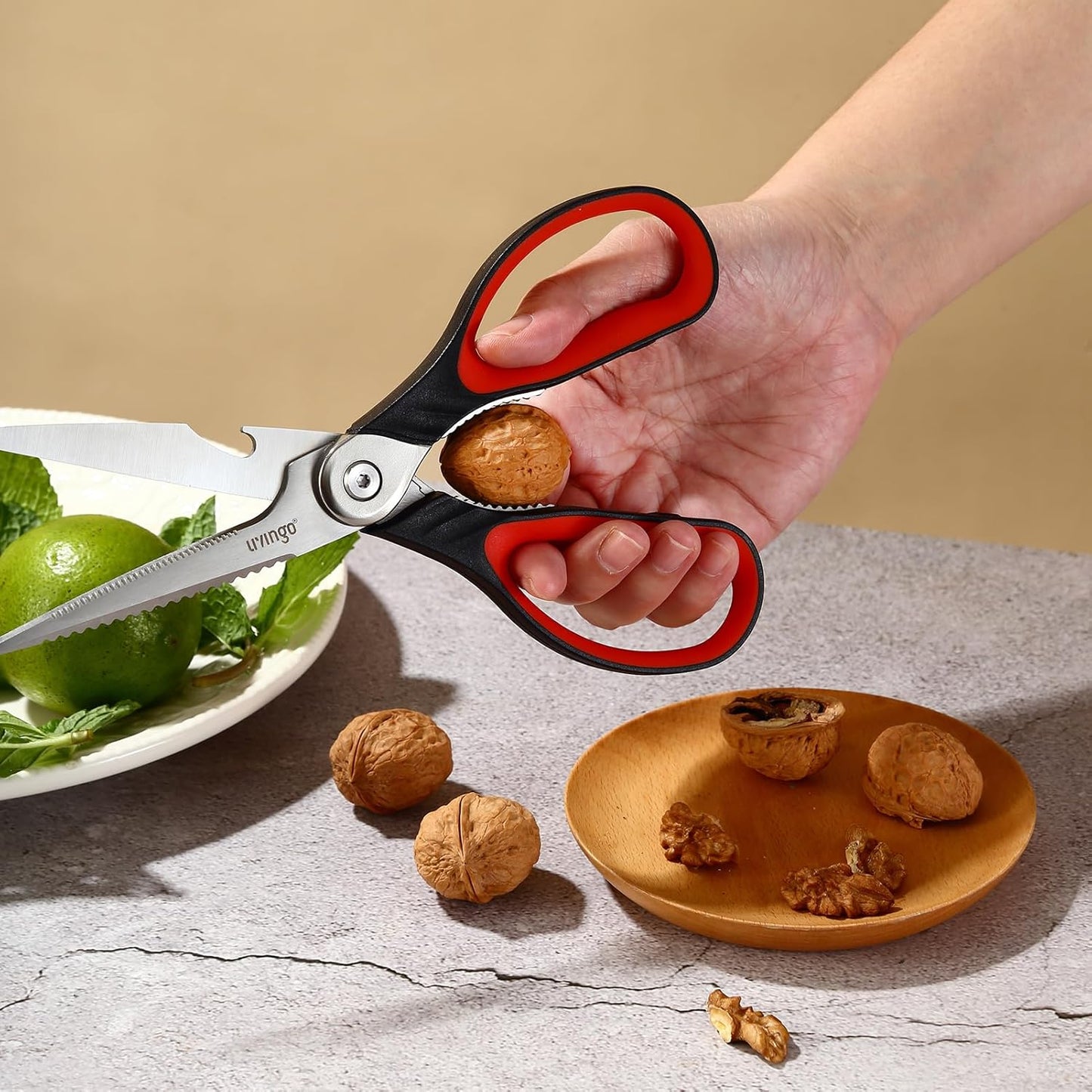 LIVINGO Heavy Duty Kitchen Scissors - Multi-Purpose Food Shears with Serrated Blades | Black & Red Handle