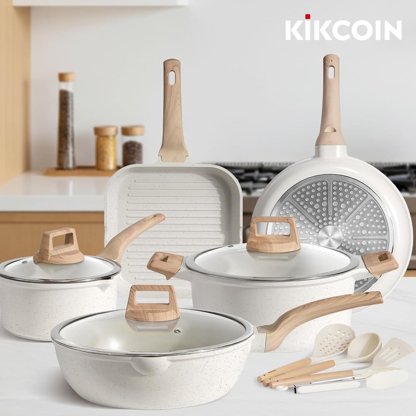 Kikcoin 16-Piece Non-Stick Ceramic Cookware Set - Induction-Ready Kitchen Pots & Pans, White