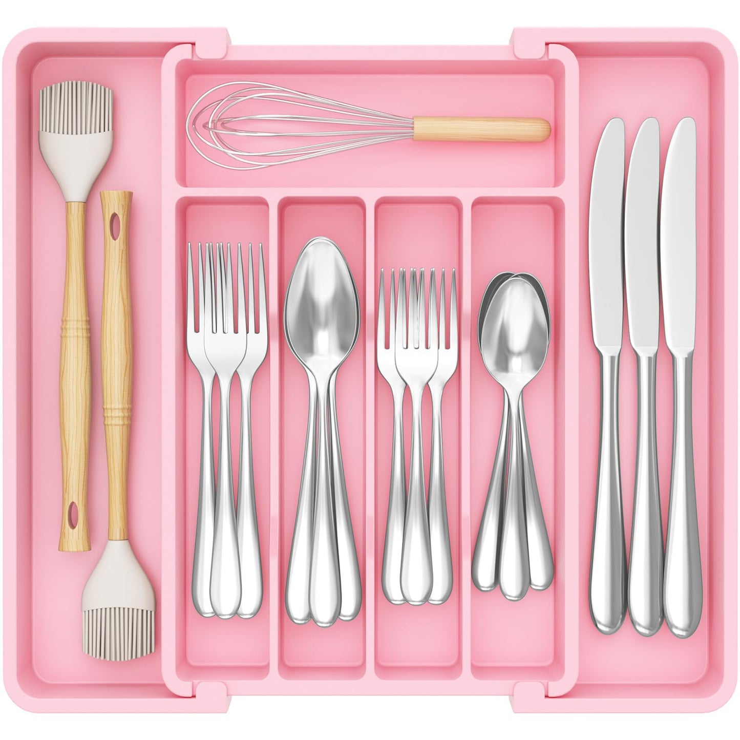 Lifewit Silverware Drawer Organizer, Expandable Utensil Tray for Kitchen, BPA Free Flatware and Cutlery Holder, Adjustable Plastic Storage for Spoons Forks Knives, 8.5"-14.1" x 12.1", Pink