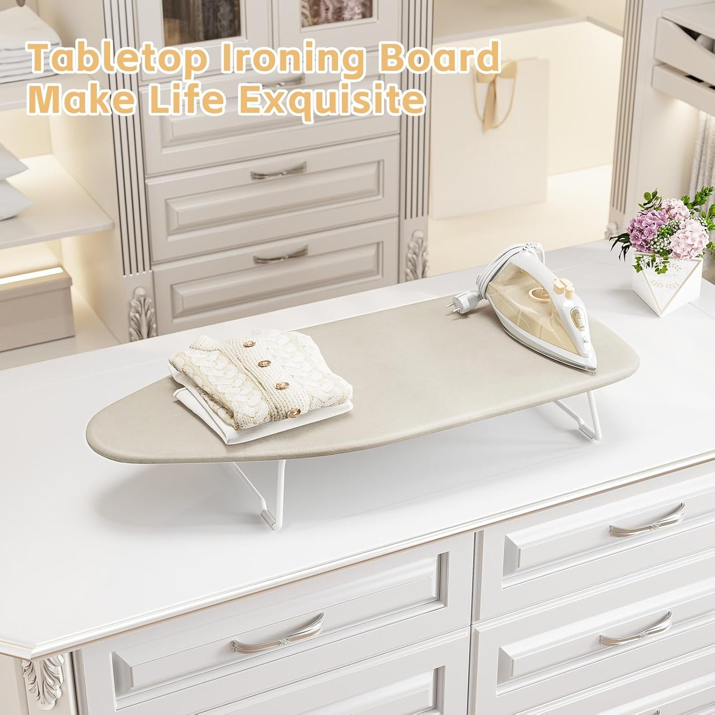 Skiennix Compact Ironing Board - Heat Resistant Cover & Metal Mesh Frame - 12x30 Inches, Cream White