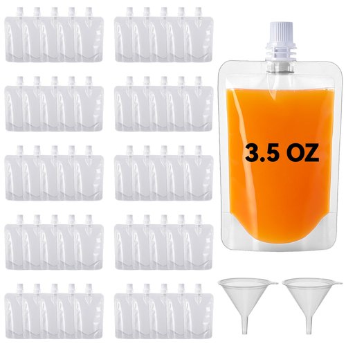 100 PCS Portable Plastic Pouches Bulk Reusable Plastic Juice Pouch Clear PET Squeeze Liquid Pouches Leak Proof Water Drink Bags with 2 Foldable Silicone Funnels for Women Men Party Travel, 3.5 Oz