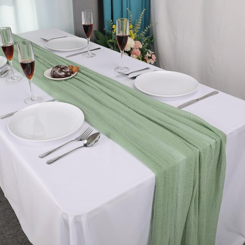 10ft Cheesecloth Table Runner, 6 pcs 120-Inch Boho Gauze Table Runner, Sage Green Bubble Gauze,Rustic Sheer Fabric for Wedding, Bridal Baby Shower, Farmhouse Decor & Spring Party Table Decor
