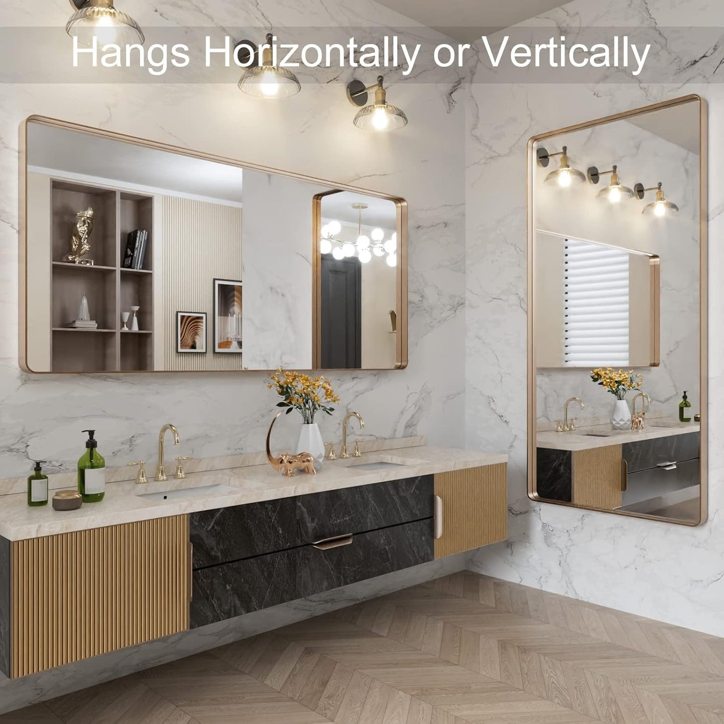 LOAAO Gold Bathroom Mirror - 60”x28” Rounded Rectangle Design | Wall-Mounted, Anti-Rust Tempered Glass