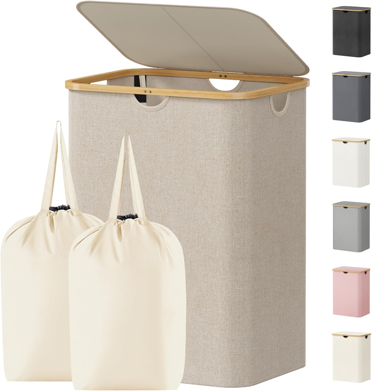 Lifewit 150L Laundry Basket - Foldable Hamper with Lid & Bamboo Handles | Beige, Large Size