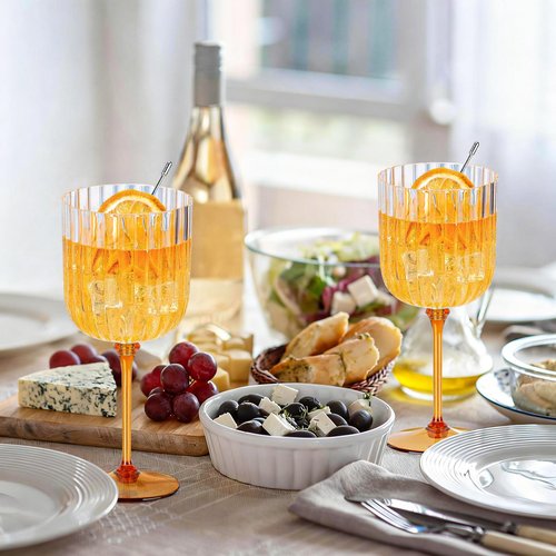 48 PCS Plastic Ribbed Wine Glasses 11oz Clear and Amber Detachable Wine Goblet Unbreakable Vintage Ripple Water Goblets Cocktail Drinking Cups for Parties Weddings Poolside Outdoors