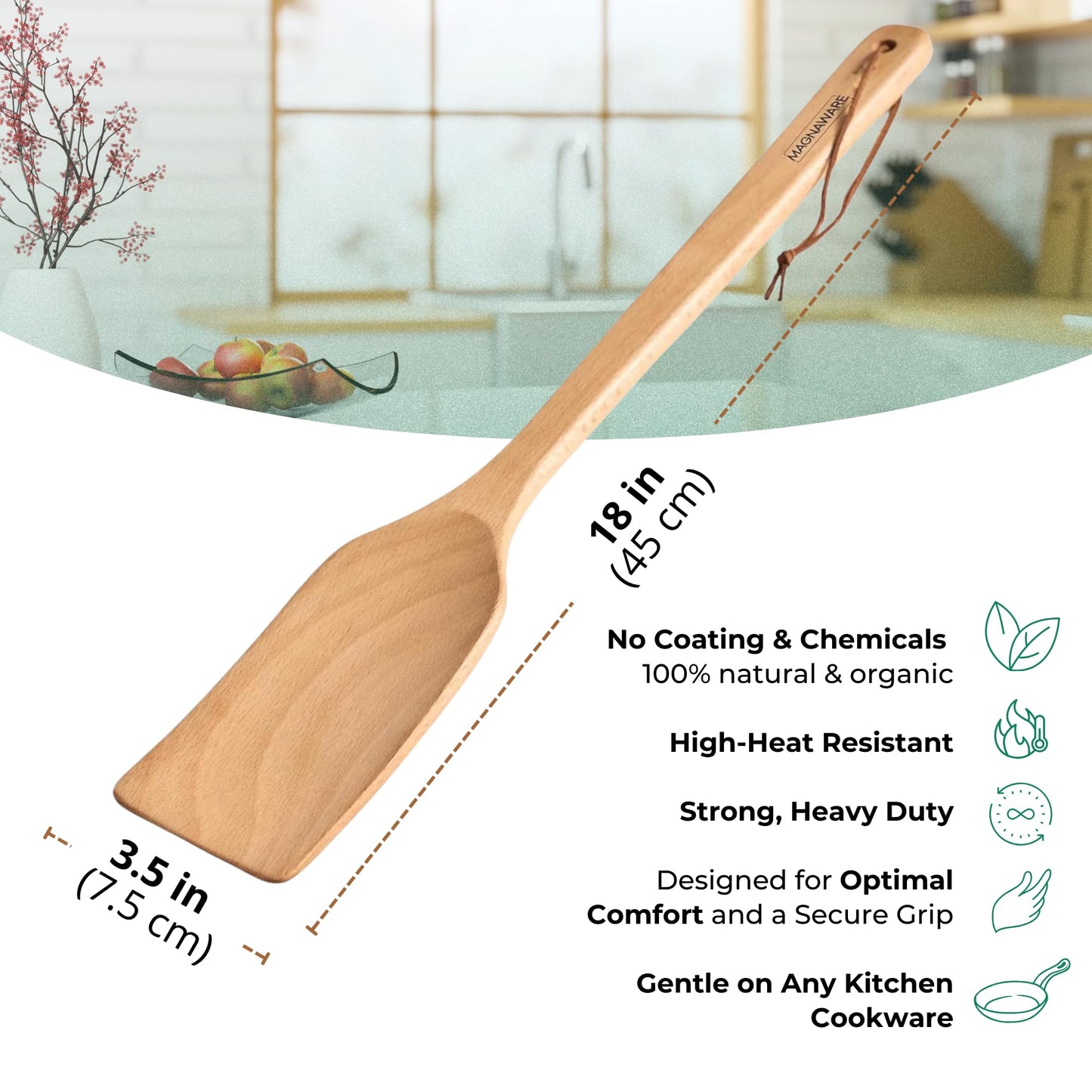 MAGNAWARE Extra Long Wooden Spatula - 18-inch Heavy Duty Stir Paddle for Cooking in Big Pots - Big Cooking Spoon For Cajun, Brewing, Grill, Mixing, Stirring - Solid Natural Hard Wood Large Spatula