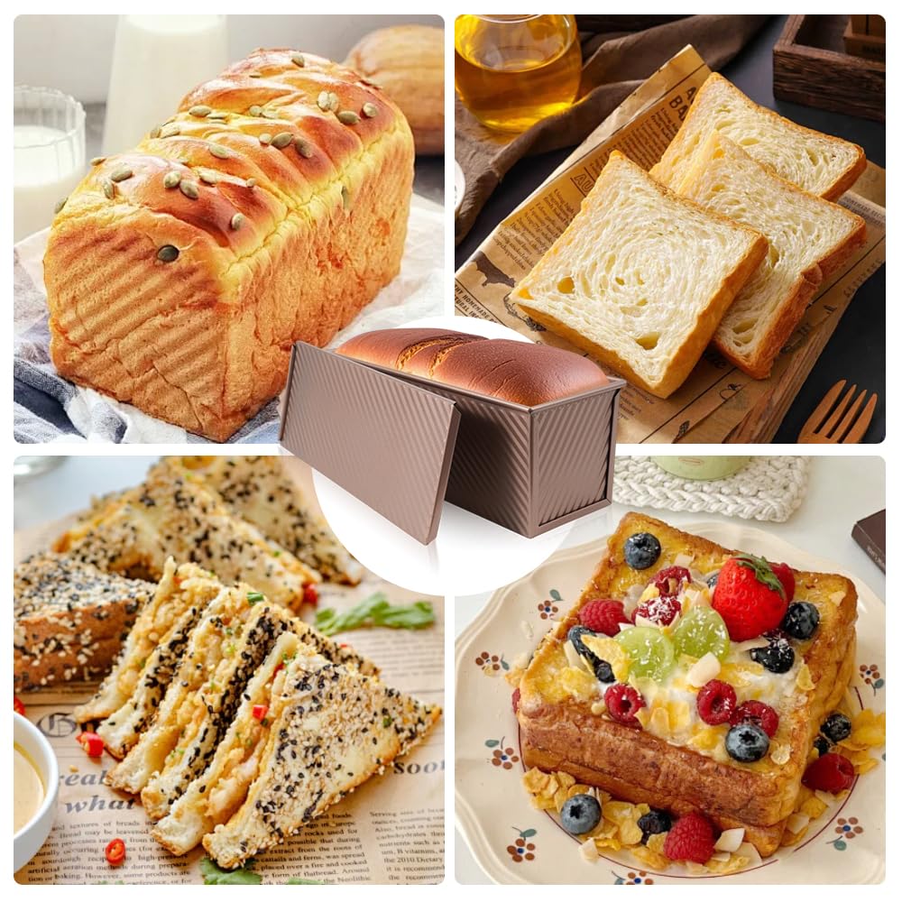 FDKYOEK Large Pullman Loaf Pan with Lid, 13 x 4 Inch 2 lbs Non-Stick Rectangle Bread Pan with Lid and Dough Scraper Cutter, Reusable Sourdough Loaf Pan for Homemade Bread & Toast, Rose Gold
