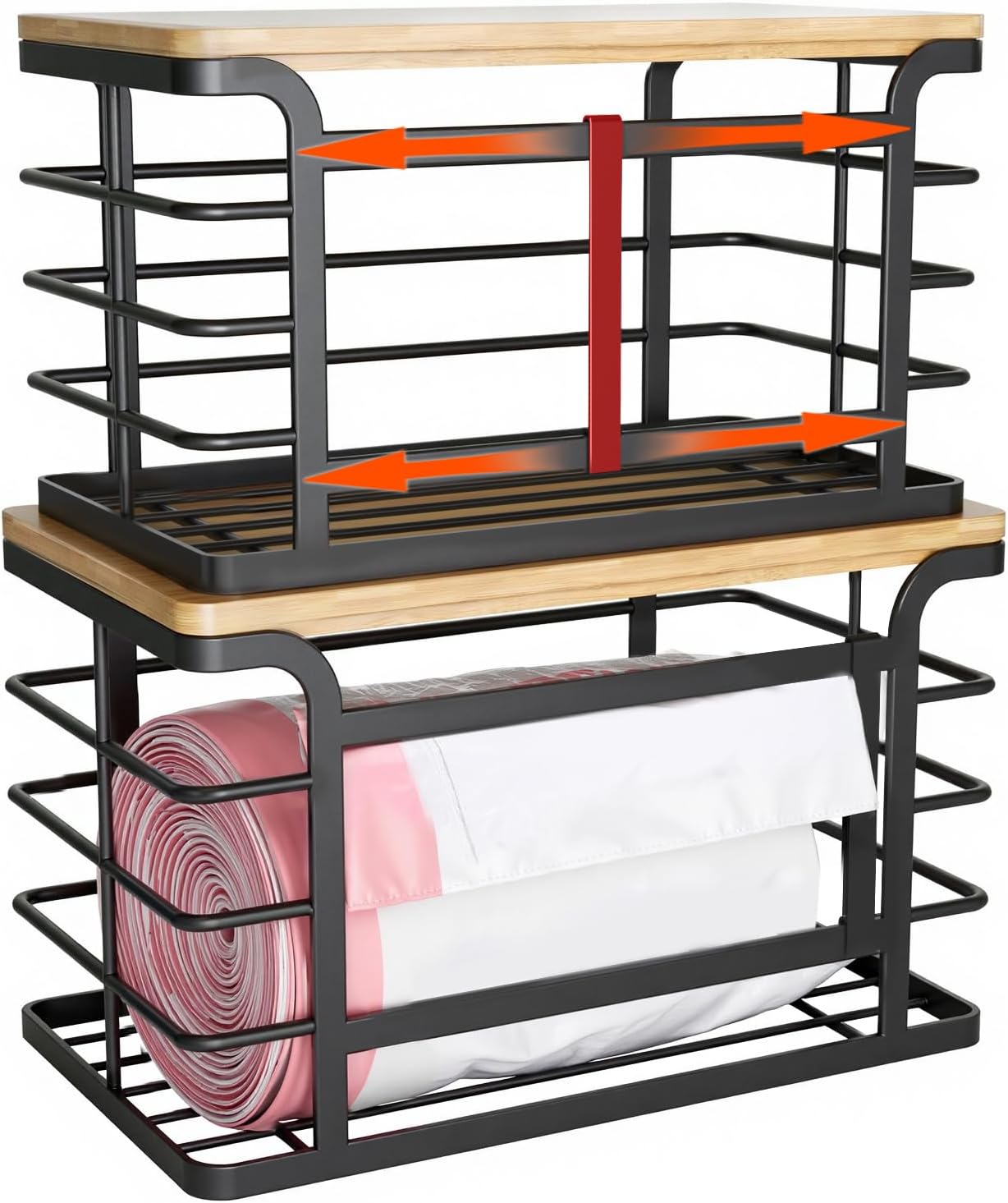 Sevenblue Stackable Trash Bag Holder - Bamboo Top & Adjustable Hooks for Easy Organization | Black